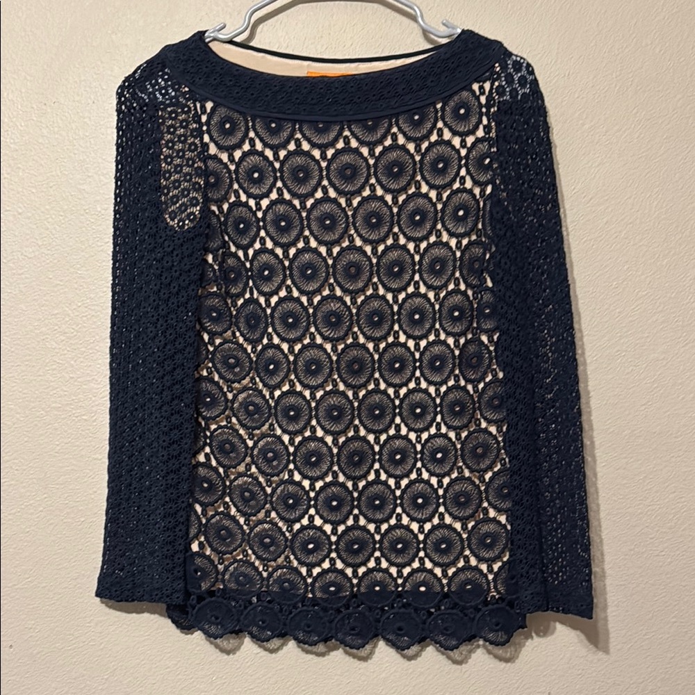Tory Burch Navy Janeen Lace Long Sleeve Overlay Top Size 0